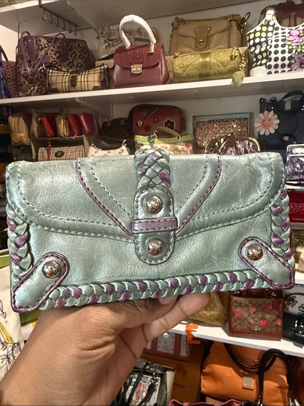 Isabella Fiore in Teal & purple Braided Leather Wallet Clutch